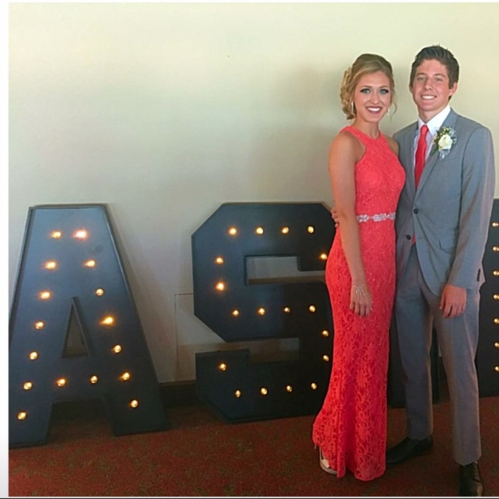 Coral prom dress with sequin accent